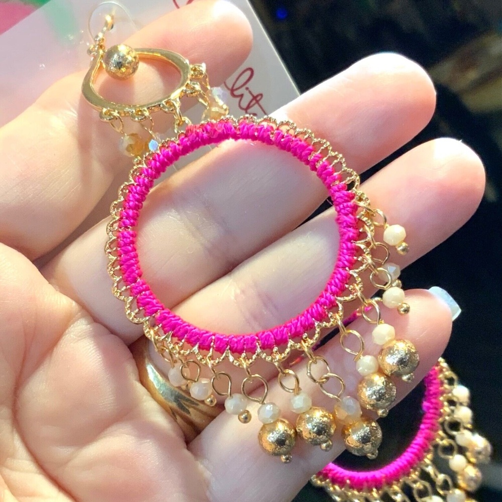 LILLY PULITZER NWT EARRINGS BEACHCOMBER Gypsy Boho HOT PINK ⭐️DANGLING /Pierced - Picture 8 of 16